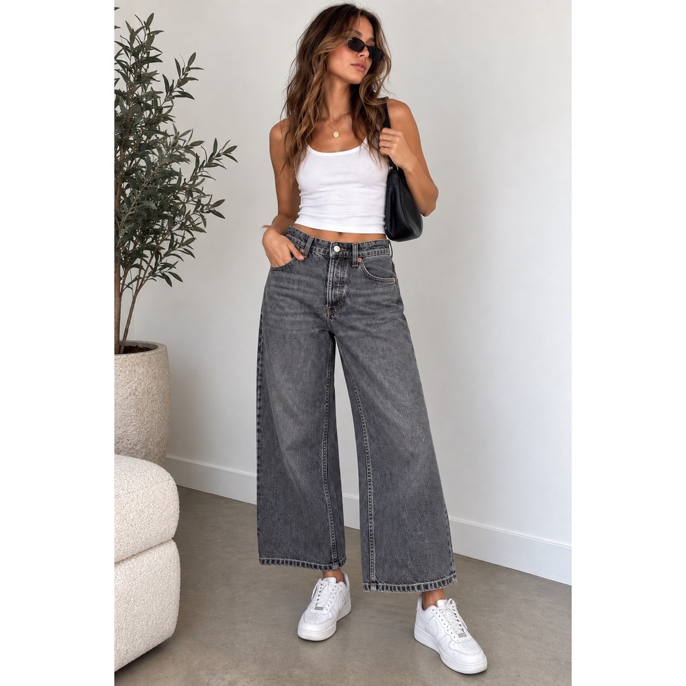Zara TRF Wide Leg Baggy Jeans Size 4 High Rise Button Fly Gray Denim Pants